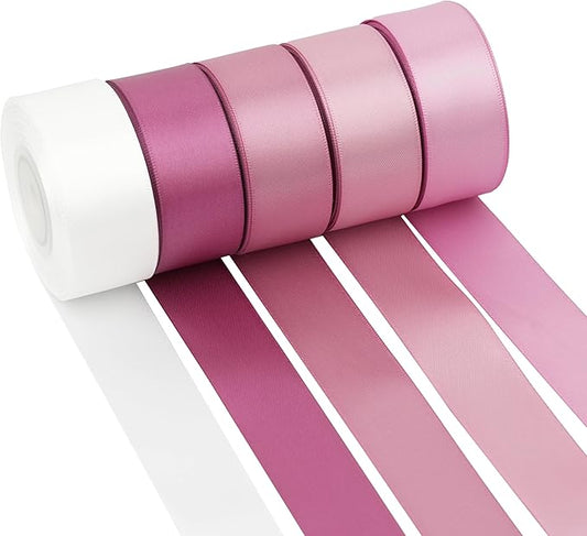 Rose Pink Satin Ribbon 1 Inch, Dusty Rose Mauve Double Face Ribbon, 5 Rolls Assorted 50 Yards for Wedding Bouquet Wrapping, Gift Wrapping, Hair Bows, Crafts