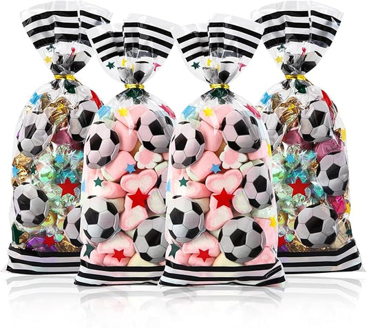 100 Pcs Soccer Cellophane Bags, 5 x 11 Inches Goodie Candy Gift Bags with 100 Gold Twist Ties for Candies, Snacks, Small Gifts, Party Supply Favor Gift