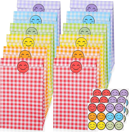 Nezyo 30 Pcs Pastel Gingham Paper Gift Bags with Stickers for Party 5.1 x 3.1 x 9.4 Inches Colorful Rainbow Paper Candy Bag for Party Favor Wedding Birthday Candy Snack DIY Goodie Treat (Plaid)