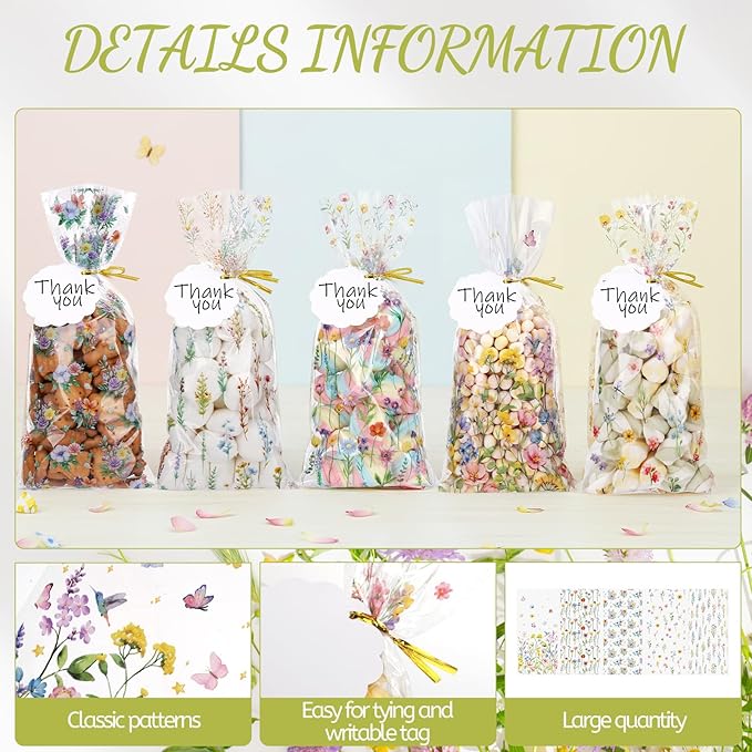 woric 100 Set Wildflower Cellophane Treat Bags Plastic Floral Candy Bags Goodie Bag with 100 Gift Tags and Twist Ties for Bridal Shower Wedding Birthday Baby Shower Summer Picnic Party Favors