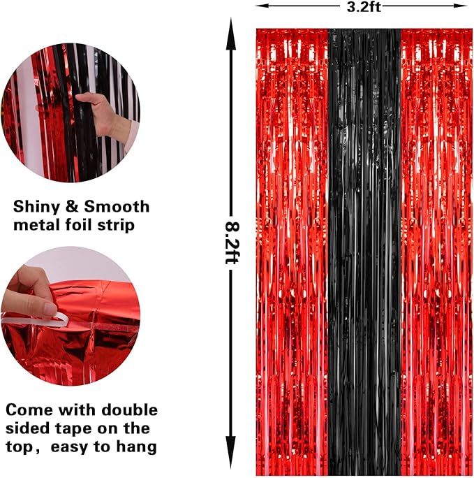 PIGETALE, 2 Pack 3.2x8.2 Feet Black and Red Foil Fringe Curtains Party Decorations, Tinsel Curtain Backdrop Streamers for Birthday Graduation Fiesta Stranger Theme Halloween Christmas Party Supplies