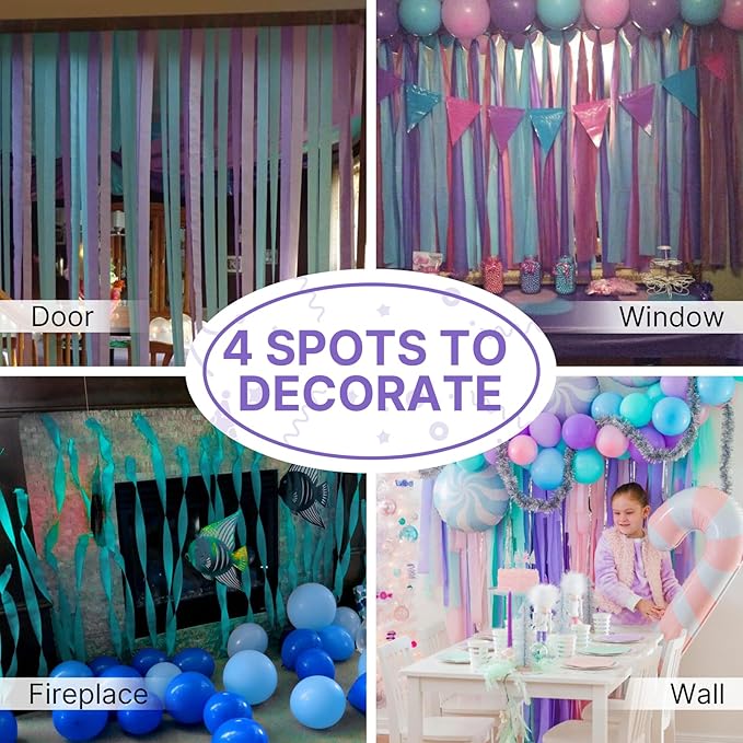 PartyWoo Crepe Paper Streamers 8 Rolls 656ft, Pack of Pink, Purple, Mint, Turquoise and White Party Streamers for Birthday Decorations, Party Decorations, Wedding Decorations (1.8 Inch x 82 Ft/Roll)