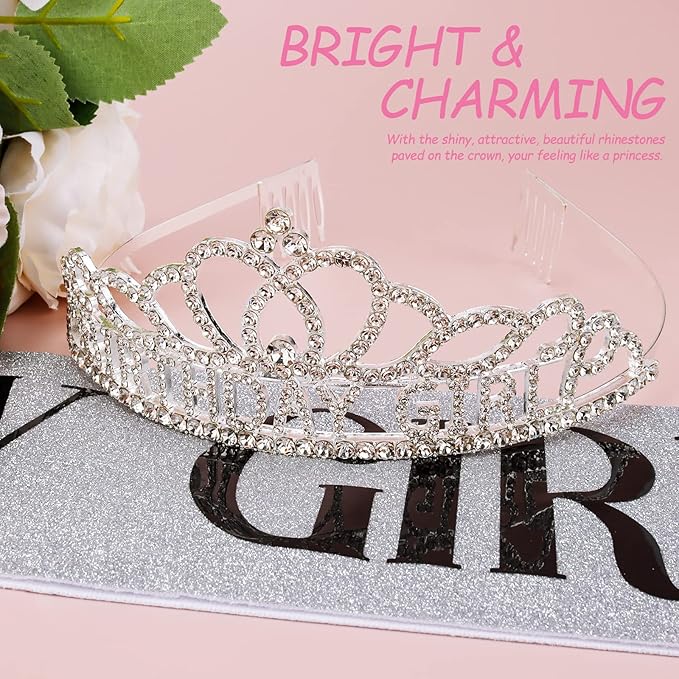 CIEHER Birthday Girl Crown and Birthday Sash Silver Birthday Tiara for Women Birthday Girl Headband Princess Crown Birthday Decorations Birthday Crown and Sash Rhinestone Happy Birthday Accessories Birthday Gifts