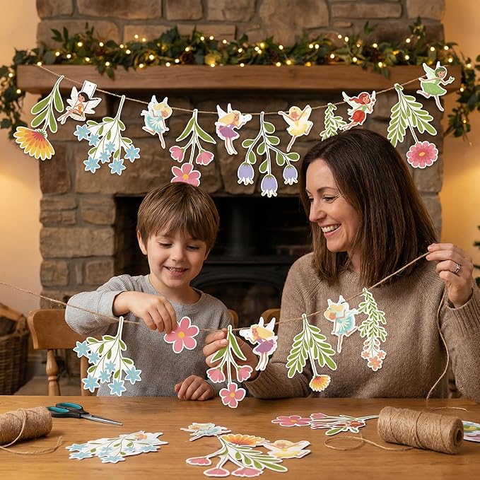 48Pcs Flower Fairy Banner Decorations Floral Designs Wildflower Garland – with 5m Jute Rope, for Baby Shower, Wedding, Easter Backdrop, Enchanted Garden Party Supplies (Fairy)