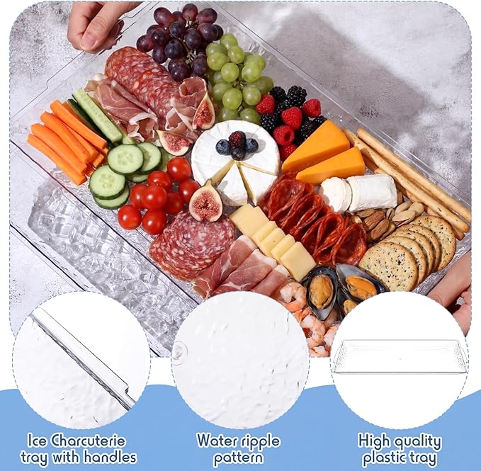 Baderke 1 Set 16" x 9" Plastic Chilled Serving Tray for Parties with Compartments Ice Chilled Party Platter Charcuterie Serving Board Cold Dish Dip for Fruit Seafood Vegetable Appetizer (Clear)