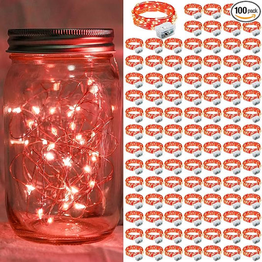 100 Pack Red Fairy Lights 7Ft 20 LED Twinkle String Lights 3 Modes Battery Operated Waterproof Firefly Starry for Mason Jar Party Table Centerpieces Halloween Christmas Valentines Day