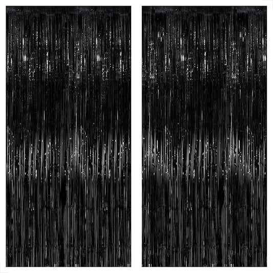 KatchOn XtraLarge Black Streamers - 3.2x8 Ft, Pack of 2 | Foil Fringe Curtain Anniversary Birthday Bachelorette Party Decorations | Graduation Backdrop, Black Backdrop for Graduation Decorations 2026