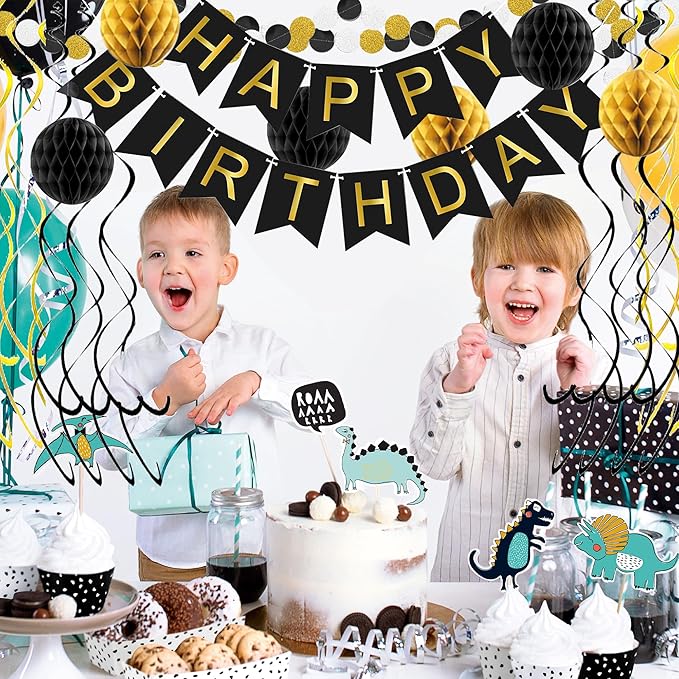Black Birthday Decorations, Happy Birthday Banner Black Gold Birthday, Black Birthday Supplies Birthday for Men Boys