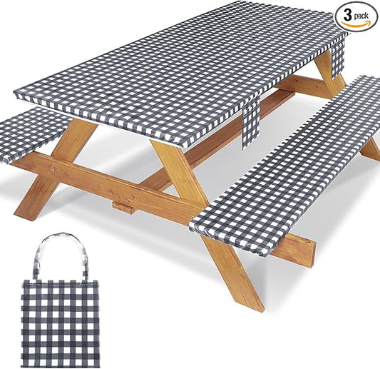 3 Piece Fitted Elastic Picnic Table Cover with Bench Covers 96x30 Inch Weather Proof Outdoor Table Cloth Summer Motorhome Patio Vacation Things White Elephant Gifts for Her Who Have Everything