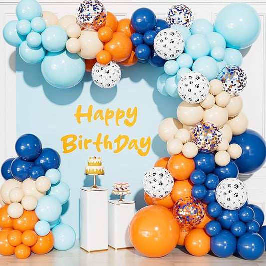 Blue and Orange Balloon Garland Arch Kit, 130PCS Blue Orange Balloon Arch with Confetti & Paw Print Balloons, Birthday Party Decorations for Boys, Baby Shower, Sports Theme Party