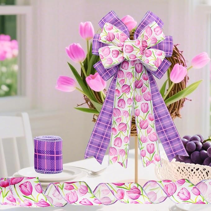 2 Rolls Purple Tulip Wired Ribbon - 2.5 Inch Wide, 10 Yards Total, Elegant Tulip Floral for Wedding Decor, DIY Crafts, Gift Wrapping - Spring-Themed Purple Wired Edge Ribbon