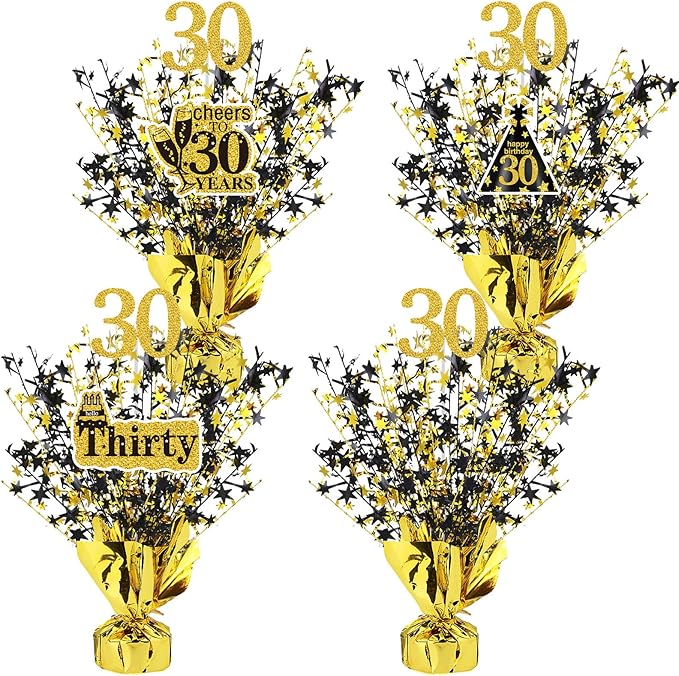 Tatuo 4 Pcs Metallic Foil Spray Centerpiece Happy 30th 40th 50th 60th Years Centerpiece Table Decorations for Black and Gold Birthday Anniversary Wedding Party Table Decor(30th Birthday)