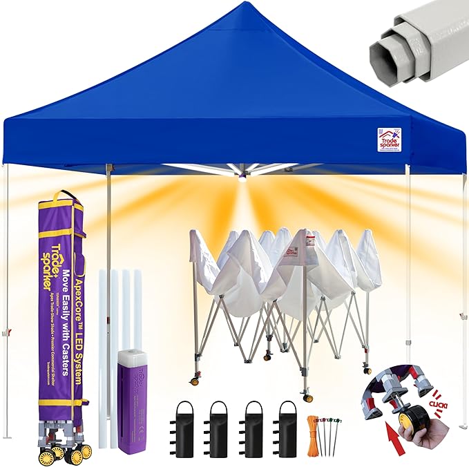 Tradesparker 8x8 Pop Up Canopy Tent,Commercial Movable Canopy with ApexCore LED&Rugged Casters-Instant Easy Setup Shelter Canopies with Weight Bags&Stakes for Outdoor Events Markets Vendors,Blue