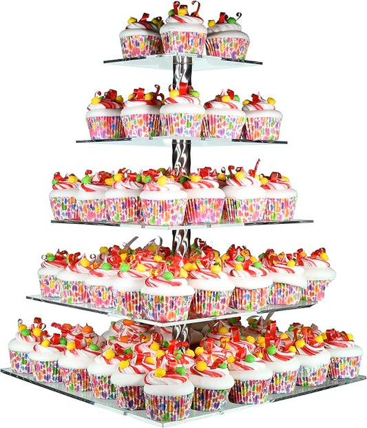 AMT Acrylic Cupcake Stand | Clear Acrylic Cupcake Stand for 88 Cupcakes | 5 Tiers Cupcake Stand | Perfect for a Wedding Shower, Birthday Party, Baby Shower. (1 pc/Box) (Square - 5 Tiers)
