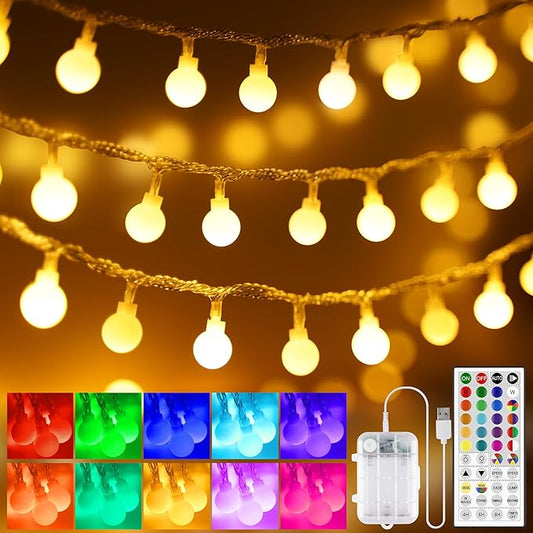 OMIKA 33 FT Globe Battery Powered String Lights, 60 LED Warm White & Multicolor Battery String Light, USB Powered Camping Lights String for Indoor Outdoor Hanging Light for Bedroom Room Party Decor