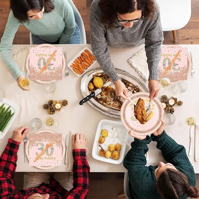 60 PCS 30th Birthday Decorations for Women, 30th Birthday Plates and Napkins Rose Gold Disposable Tableware Set Party Supplies for Women Cheers to 30 Years Anniversary (30TH)