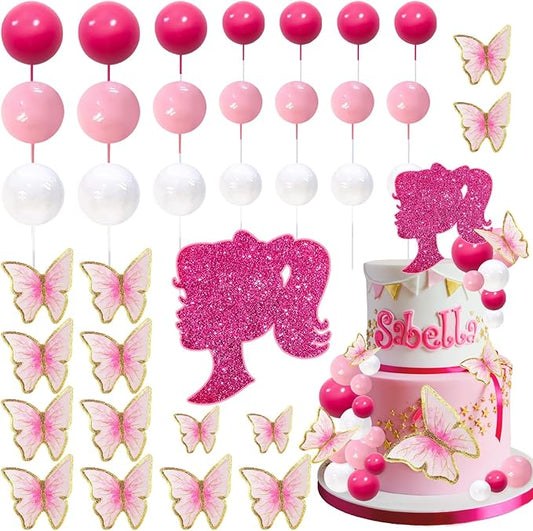 MEMOVAN Hot Pink Girl Cake Toppers 27pcs Pink Ball Butterfly Cake Decoration Princess Theme Cake Decoration for Boho Girls Princess Theme Wedding Baby Shower Birthday Party Supplies