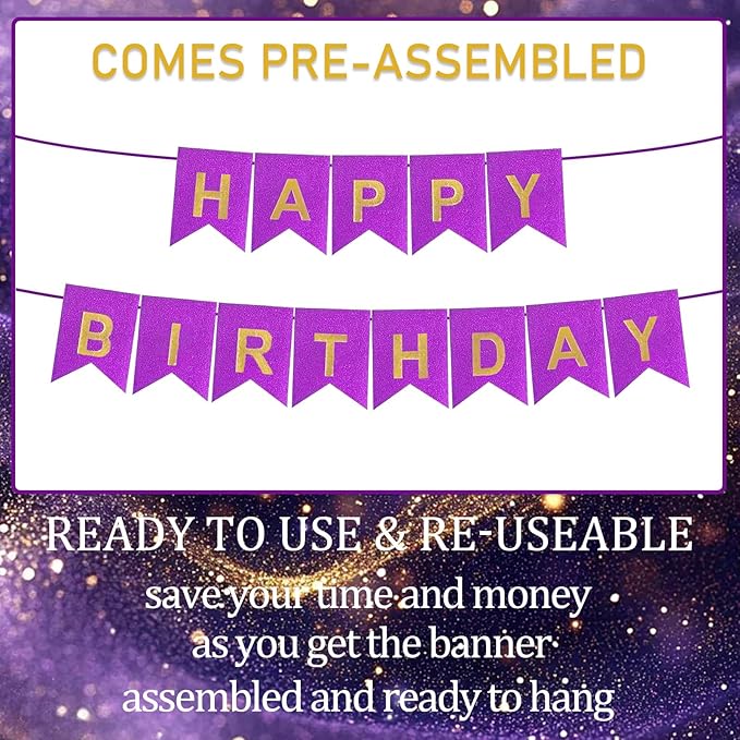 Purple Happy Birthday Banner - 16 ft Pre-Strung Gold Purple Birthday Party Decorations Sign for Girls, Boys, Kids, Women - No DIY Hanging Backdrop for Indoor & Outdoor Celebrations
