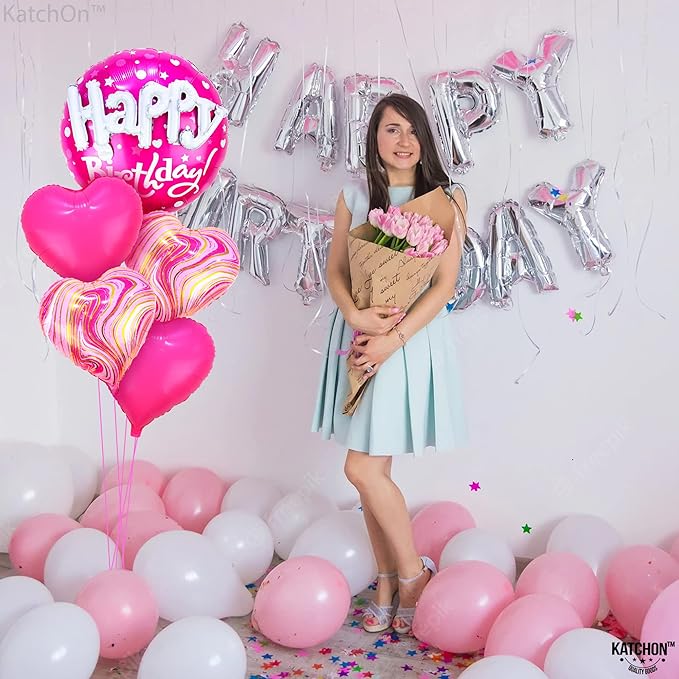 KatchOn, Huge Happy Birthday Balloon Pink Set - 23 Inch, Pack of 5 | Hot Pink Heart Balloons For Happy Birthday Decorations | Foil Balloons For Princess Party Decorations