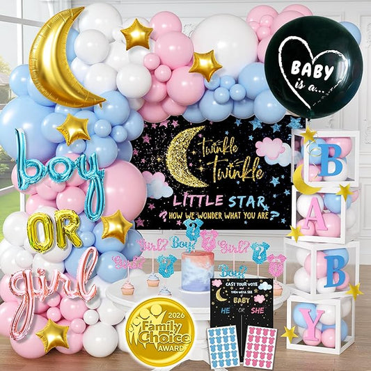 191 PC Premium Twinkle Twinkle Little Star Gender Reveal Decorations - Includes: Balloon Arch Garland - GIRL BOY Boxes - Gender Reveal Balloon - Cloth Backdrop - Games - Cupcake Toppers and More