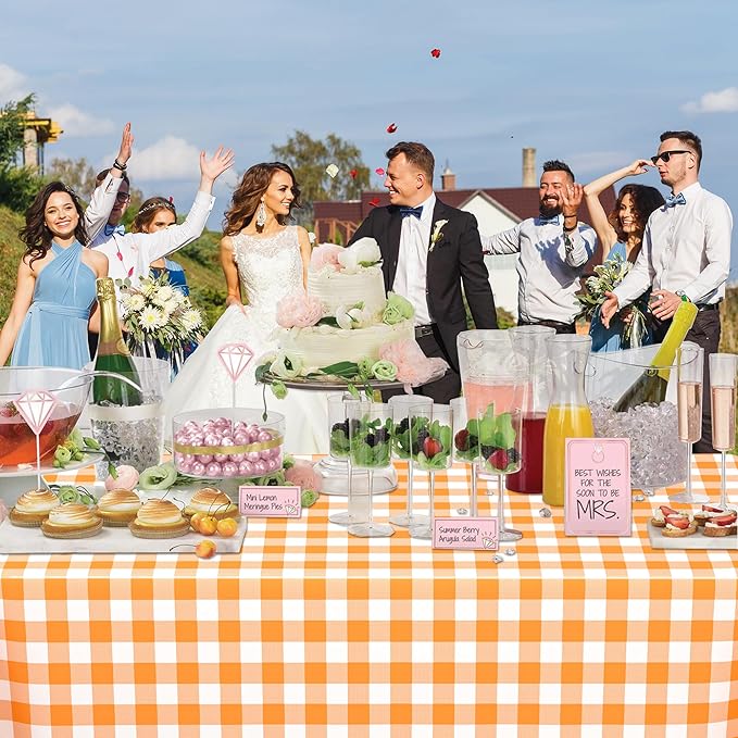 WNINK 6 Pack Orange and White Checkered Rectangular Plastic Tablecloths, Orange Gingham Waterproof Disposable Table Covers 54" x 108" for Birthday, Wedding, Outdoor Picnic Camping Parties