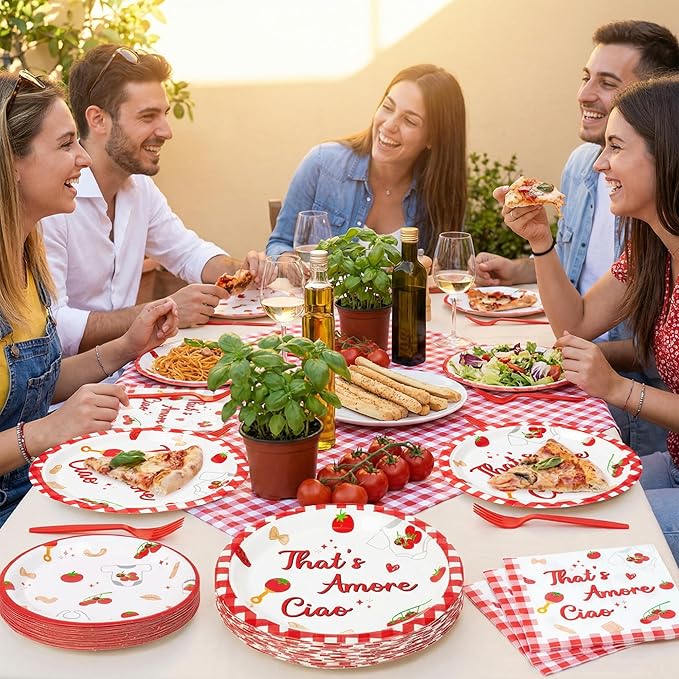 Haooryx Baby Pasta Noodle Party Tableware - 96 Pcs Red Tomato Italian Noodle Baby Print Decor Disposable Paper Plates Napkins Plastic Forks for Baby Shower Boys Girls Birthday Party Table Decor Supply