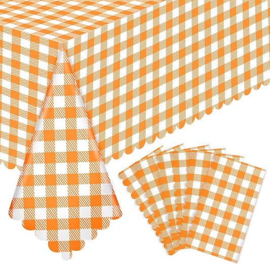 NatNarr 6 Pack Orange Gingham Tablecloth, 54 X 108Inch Plastic Orange Checkered Table Cloth Disposable Scalloped Tablecloths Waterproof Plaid Table Cover for Picnic Wedding Birthday Outdoors Party