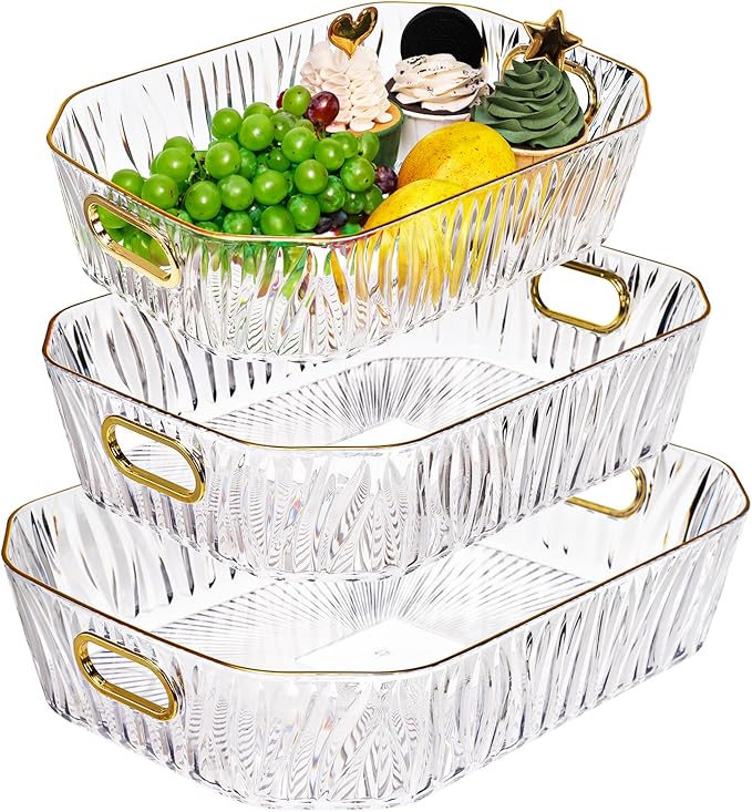 3 Pack Clear Serving Tray, Deep Fruit Snack Platter with Handle Gold Rim, Decorative Makeup Organizer Glass Cup Holder for Pantry, Party Food Display, Bathroom