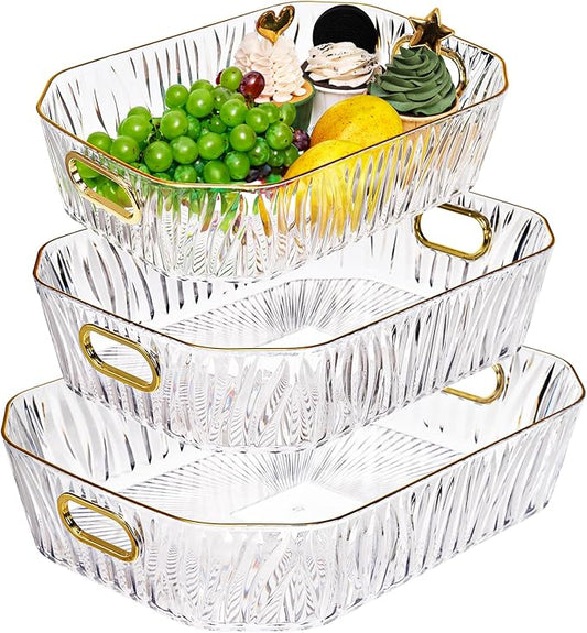 3 Pack Clear Serving Tray, Deep Fruit Snack Platter with Handle Gold Rim, Decorative Makeup Organizer Glass Cup Holder for Pantry, Party Food Display, Bathroom