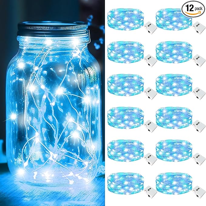 kolpop 12 Pack LED Fairy Lights Battery Operated with 3 Modes, Mini Twinkle String Lights Battery Powered Waterproof for Christmas Mason Jars Party(Blue&White)