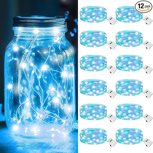 kolpop 12 Pack LED Fairy Lights Battery Operated with 3 Modes, Mini Twinkle String Lights Battery Powered Waterproof for Christmas Mason Jars Party(Blue&White)