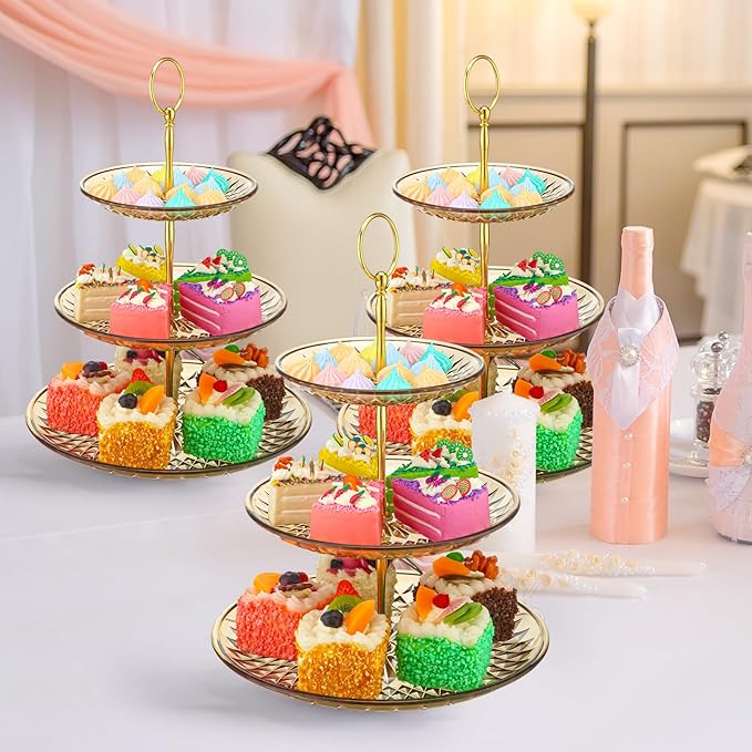 Patelai 8 Packs 3 Tier Crystal Acrylic Clear Cake Stand with Gold Round Holder Acrylic Cupcake Stand Holder for Home Wedding Holiday Birthday Baby Shower Tea Party (Clear Amber)