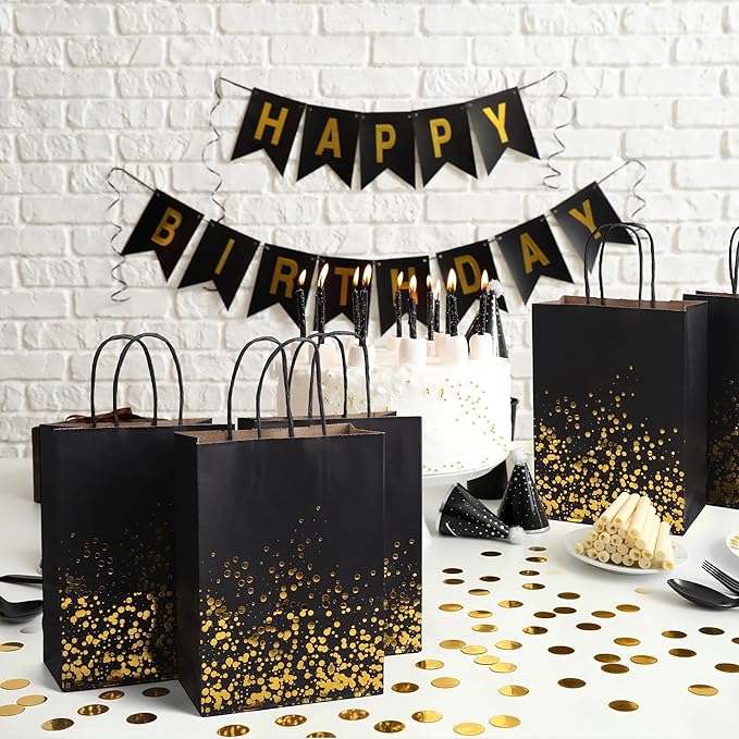 Cooraby 30 Pieces Bronzing Gold Black Paper Kraft Polka Dot Party Bags With Handle for Party Favors and Hen Parties
