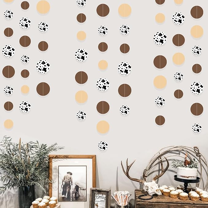 Western Cowboy Party Decorations Brown Khaki Circle Dot with Cow Printed Polka Dots Garland Streamer for My First Rodeo Birthday Baby Shower Wedding Engagement Bachelorette Party Decorations Supplies