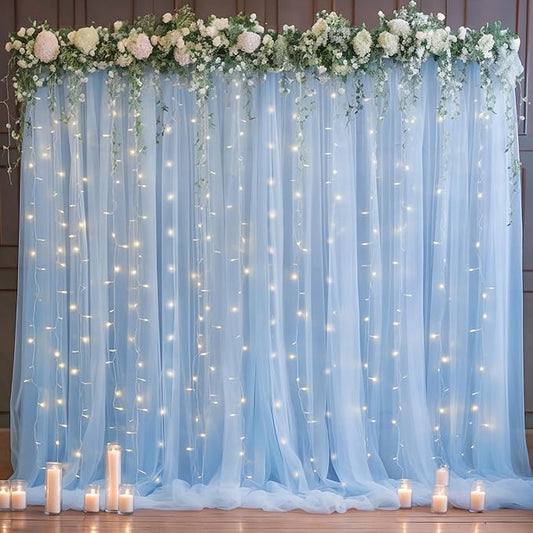 10x10ft Baby Blue Tulle Backdrop Curtain with Lights String for Parites, Sheer Photo Backdrop Curtain Drapes for Wedding Baby Shower Bridal Shower Birthday Party Photo Shoot Decorations