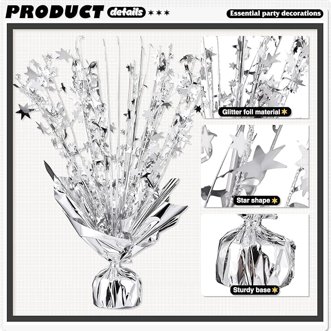 6 Pack Metallic Foil Spray Centerpiece Star Table Decoration Burst Table Centerpieces for Birthday Wedding Anniversary Celebrations Party Decor Supplies (Silver)