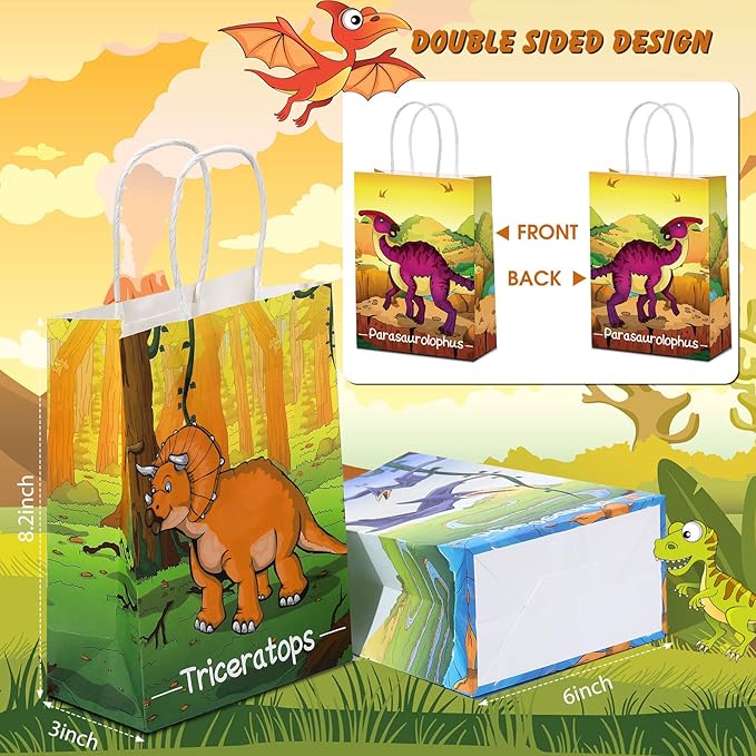 Pajean 24 Pcs Dinosaur Candy Bags with Handle, Dinosaur Party Favor Paper Bags Kids Gifts Goodie Treat Wrapping for Boys Girls Dino Theme Birthday Baby Shower Party Supplies(Cute Style)