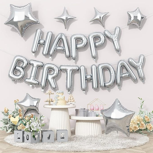 Silver Happy Birthday Balloon Banner, 16 Inch Mylar Foil Letter Balloons, Reusable Birthday Decorations with Silver Star Foil Balloons, Inflatable Party Supplies for Men Women Boys Girls Decoration