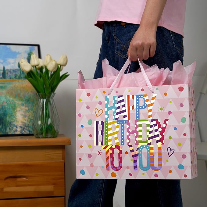 Bobobag 13" Large Gift Bag with Tissue Paper and Greeting Card,Pink Happy Birthday gift bags for Girls