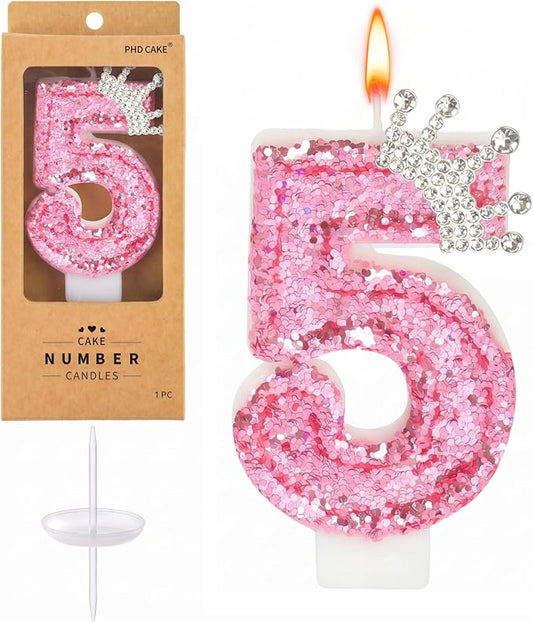 PHD CAKE Birthday Number Candles,Pink Crown Birthday Candles for Cake,Glitter Number 5 Candle Cake Topper with Sequins for Girls,Women, Anniversary Celebrations Supplies