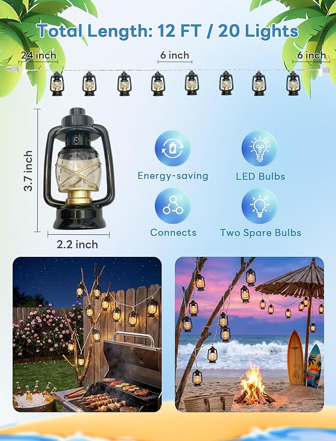 Vintage Kerosene Lantern String Lights, 12FT Retro Hurricane Lamp with 20 LED Black Kerosene Lights, Rustic Farmhouse Decorative Lighting for Camping, Patio, Fireplace, Wedding, Christmas Decor