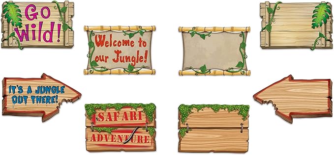 Jungle Sign Cutouts 8 Piece Wall Decorations Safari Party Supplies, Multi Color