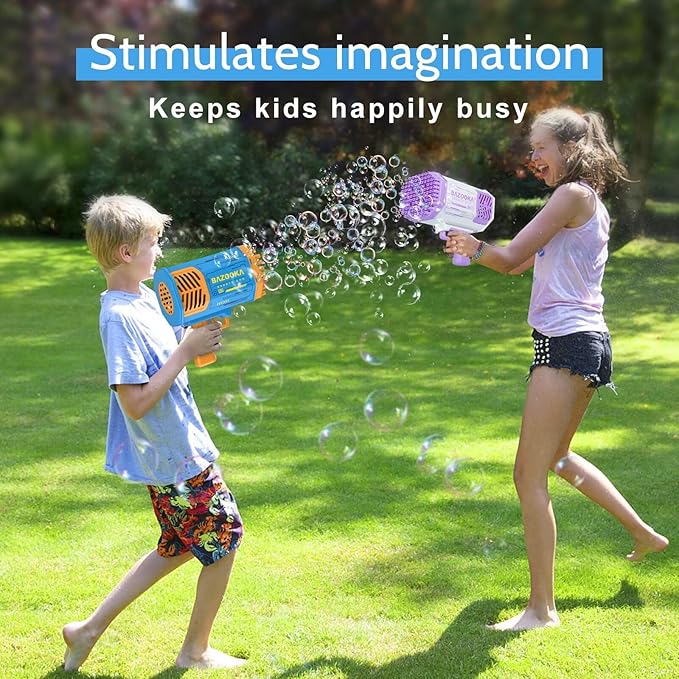 Bubble Gun Bazooka Machine with Solution - 69 Holes Blaster for Outdoor Summer Toy, Party Favors - Blue Easter Bubble Maker Blowers for Kids