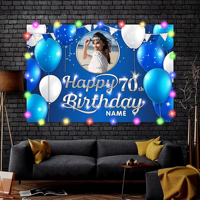 Dicodes Custom Navy Blue Happy Birthday Decoration Banner - Personalized with Photos and Names