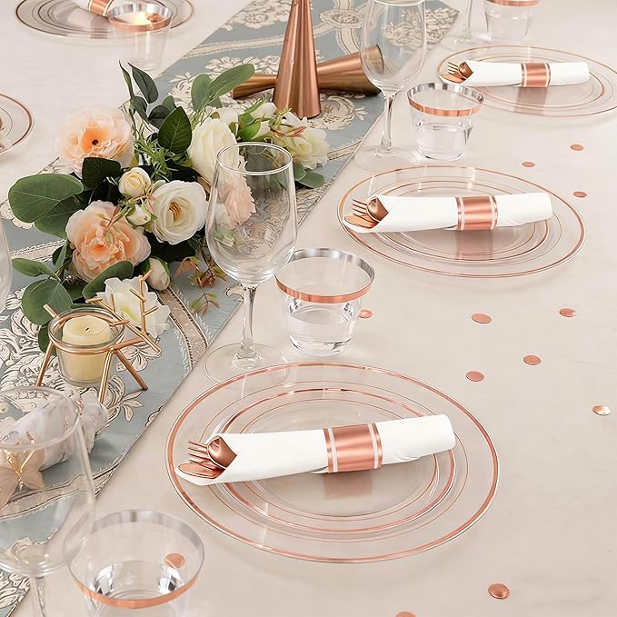 50 Pack Pre Rolled Rose Gold Plastic Silverware Set,Wrapped Plastic Cutlery Set with Napkin Include 50 Forks,50 Spoons,50 Knives and 50 White Napkins for Party,Wedding