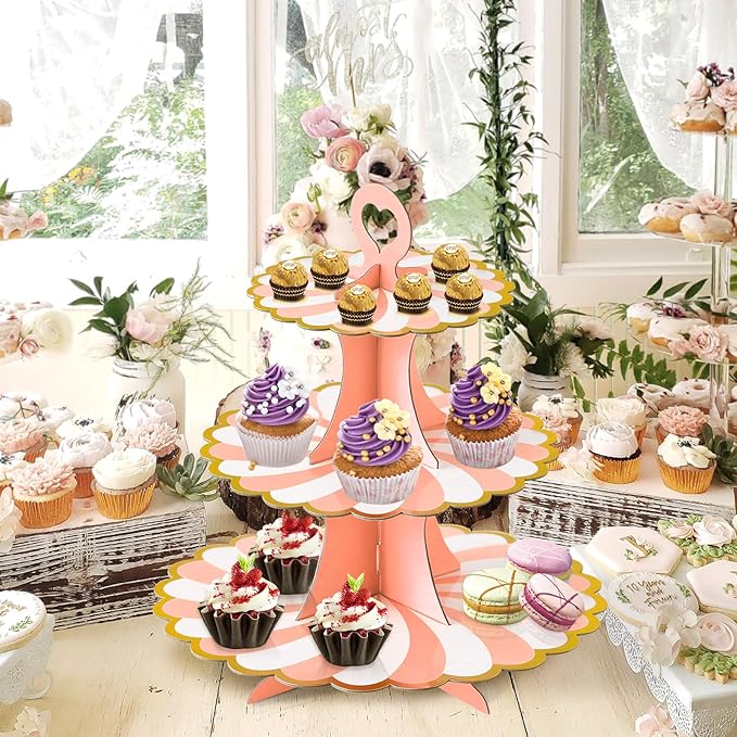 Soleebee 3-Tier Cupcake Stand, Cardboard Cupcake Tower, Dessert Cup Cake Stand Tower for Birthday Wedding Party Decoration, Cupcake Tier Stand 1 Set (Pink Gold)