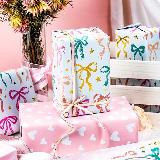 MAYPLUSS Girl Wrapping Paper Roll, Girly Bow Wrapping Paper, Reversible Elegant Bows Pink Gift Wrap for Birthday, Girl Baby Shower, Wedding, Christmas, Valentine's Day, Bachelorette(17 In X 33 Ft)
