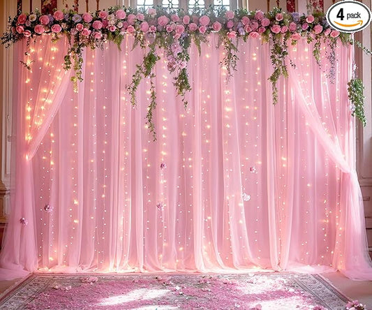 Pink Tulle Backdrop Curtains with Lights String for Parites 20ft×8ft Pink Sheer Backdrop Curtains for Baby Shower Girls Bridal Shower Birthday Party Photo Shoot Decorations(4 Panels 5×8ft)
