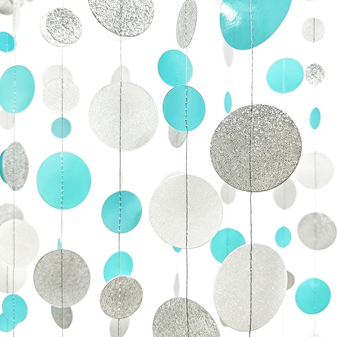 Teal Blue Silver White Party Polka Dot Garland Banner Aqua Turquoise Glitter Silver White Hanging Paper Circle Dots Streamer for Birthday Baby Shower Wedding Bridal Shower Party Decorations Supplies