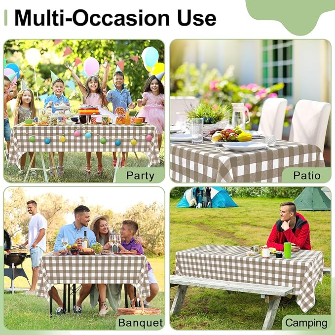 misaya 9 Packs Buffalo Disposable Table Cloth, 54 x 108 Inch Waterproof Plastic Tablecloth, Rectangle Khaki and White Checkered Table Covers for Picnic, Birthday, Party